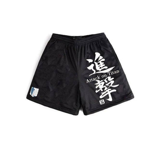 Black Attack On Titan Japan shorts by MAOKEI, featuring character and logo designs, made from comfortable fabric.
