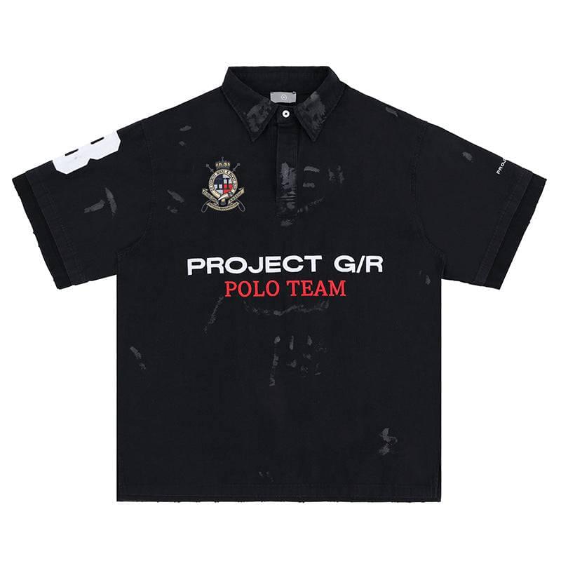 Eprolo LUXENK Badge Game Polo Shirt in navy with embroidered badge detail and classic collar, front view.
