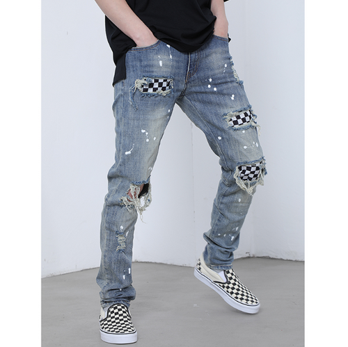 Distressed Slim Fit Patchwork Motorcycle Jeans