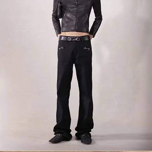 Black flare jeans by eprolo from LUXENK© featuring high-waisted fit and wide leg silhouette, shown on a model.