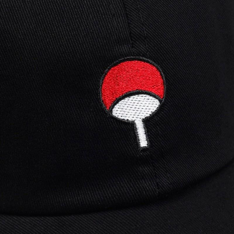 Black LUXENK Uchiha cap by eprolo featuring the Naruto-inspired logo and adjustable strap in a close-up view
