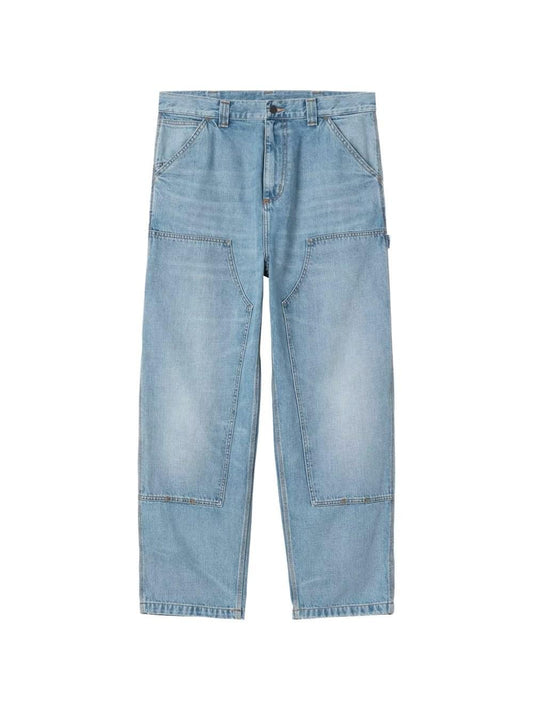 Carhartt Wip Main denim cotton jeans, classic fit with visible stitching and five-pocket design, in a dark blue wash.