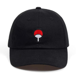 Black LUXENK Uchiha cap by eprolo with embroidered Uchiha clan symbol and adjustable strap, casual streetwear style.