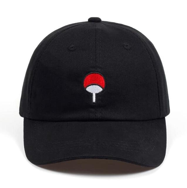 Black LUXENK Uchiha cap by eprolo with embroidered Uchiha clan symbol and adjustable strap, casual streetwear style.