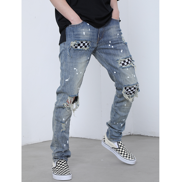 Distressed Slim Fit Patchwork Motorcycle Jeans