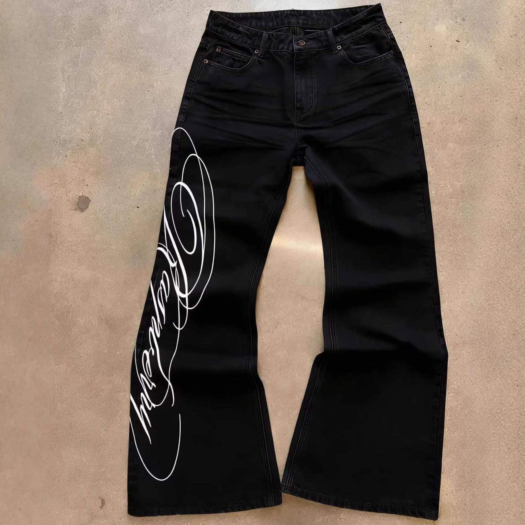 Dark blue LUXENK Street Letter jeans by eprolo with distressed details and classic five-pocket design, styled with a casual fit.