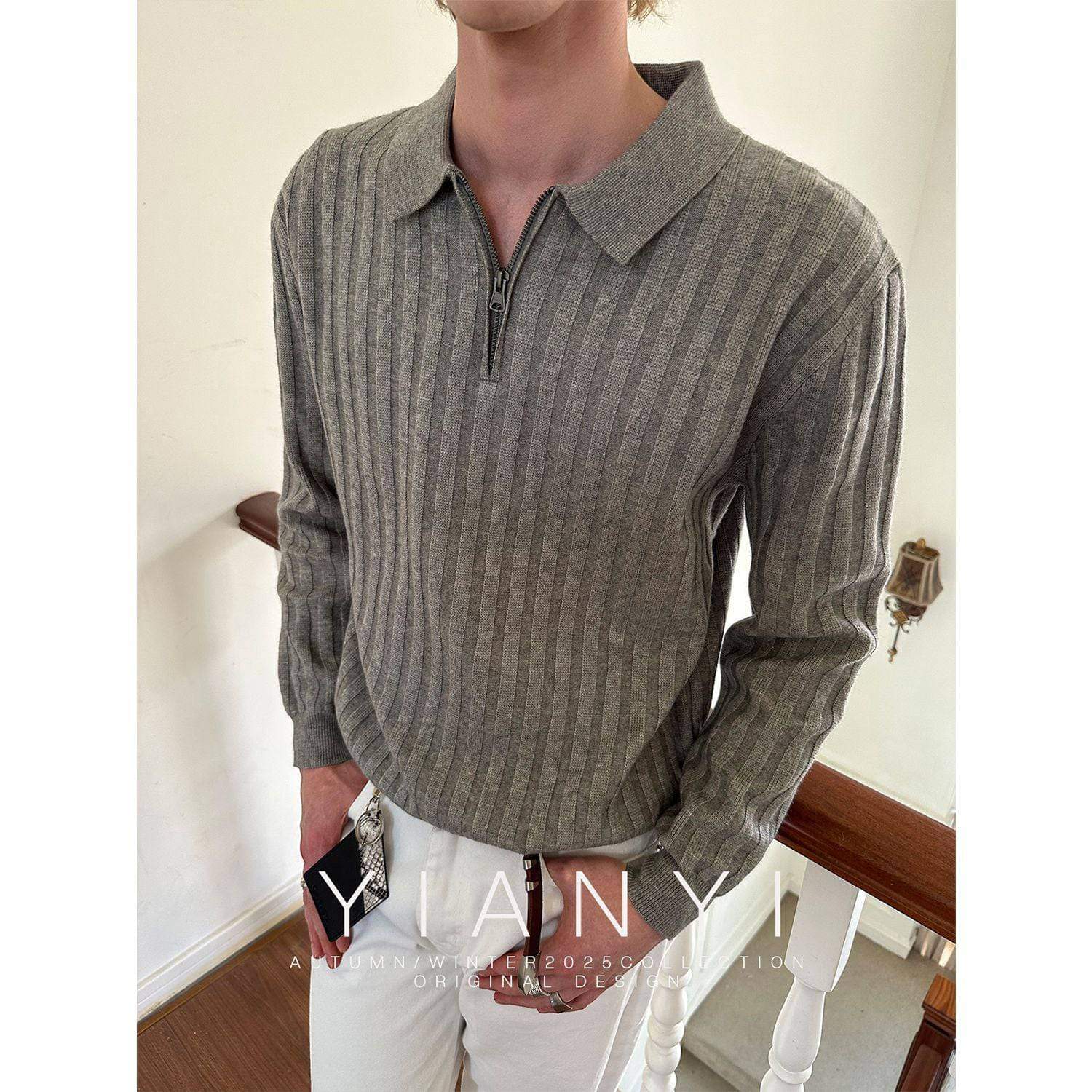 Eprolo LUXENK Stripe Collar Polo Shirt featuring a classic design with a striped collar and short sleeves.