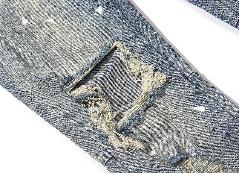 Distressed Slim Fit Patchwork Motorcycle Jeans