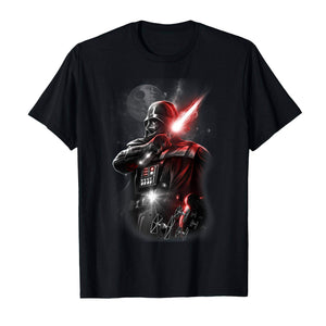 LUXENK Darth Vader T-shirt featuring a detailed graphic of Darth Vader's helmet and chest design on black fabric.