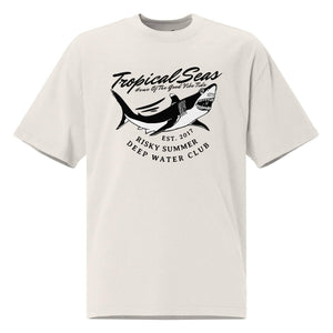 LUXENK Sharky T-shirt featuring a playful shark graphic in black and white on the front, casual fit, soft cotton fabric.