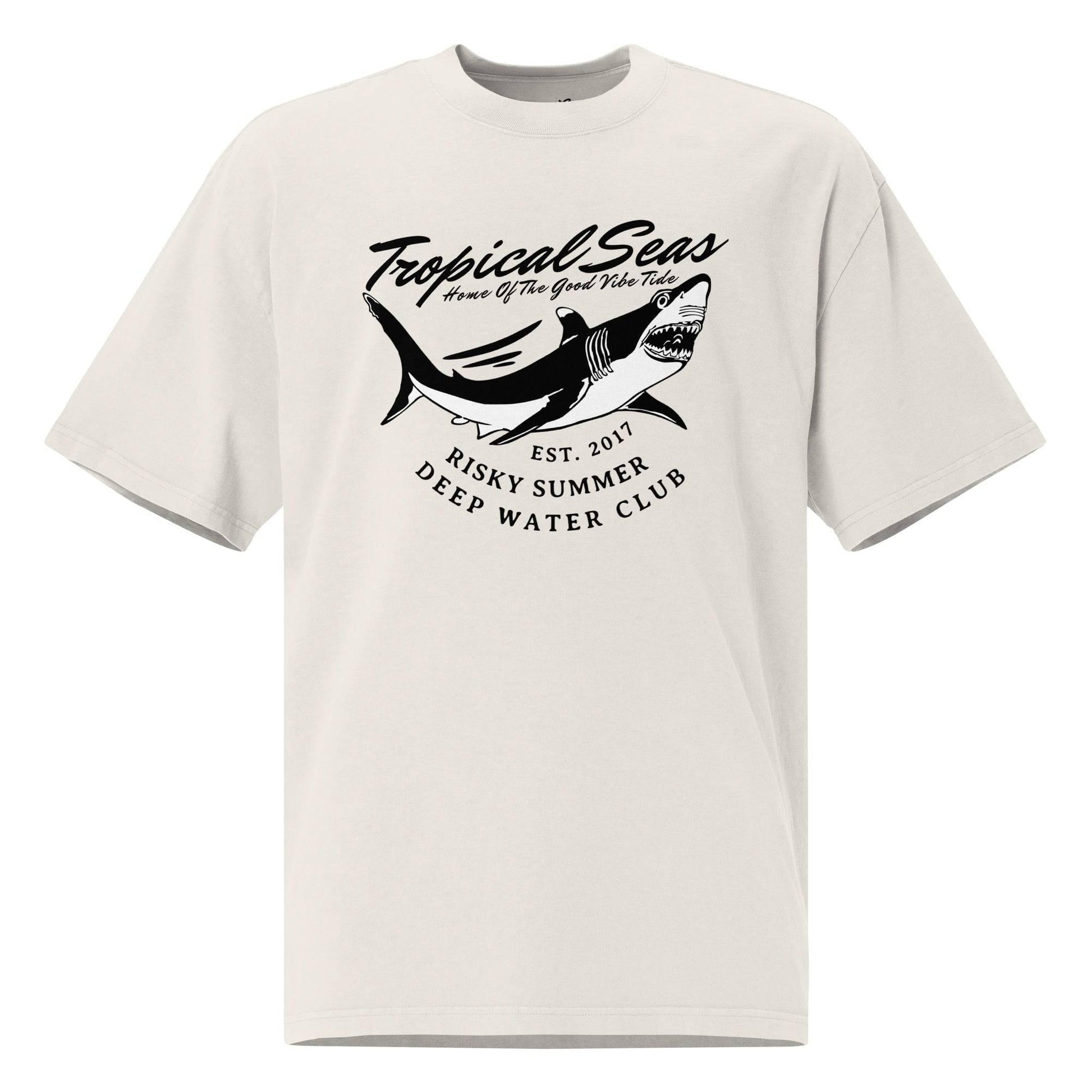 LUXENK Sharky T-shirt featuring a playful shark graphic in black and white on the front, casual fit, soft cotton fabric.