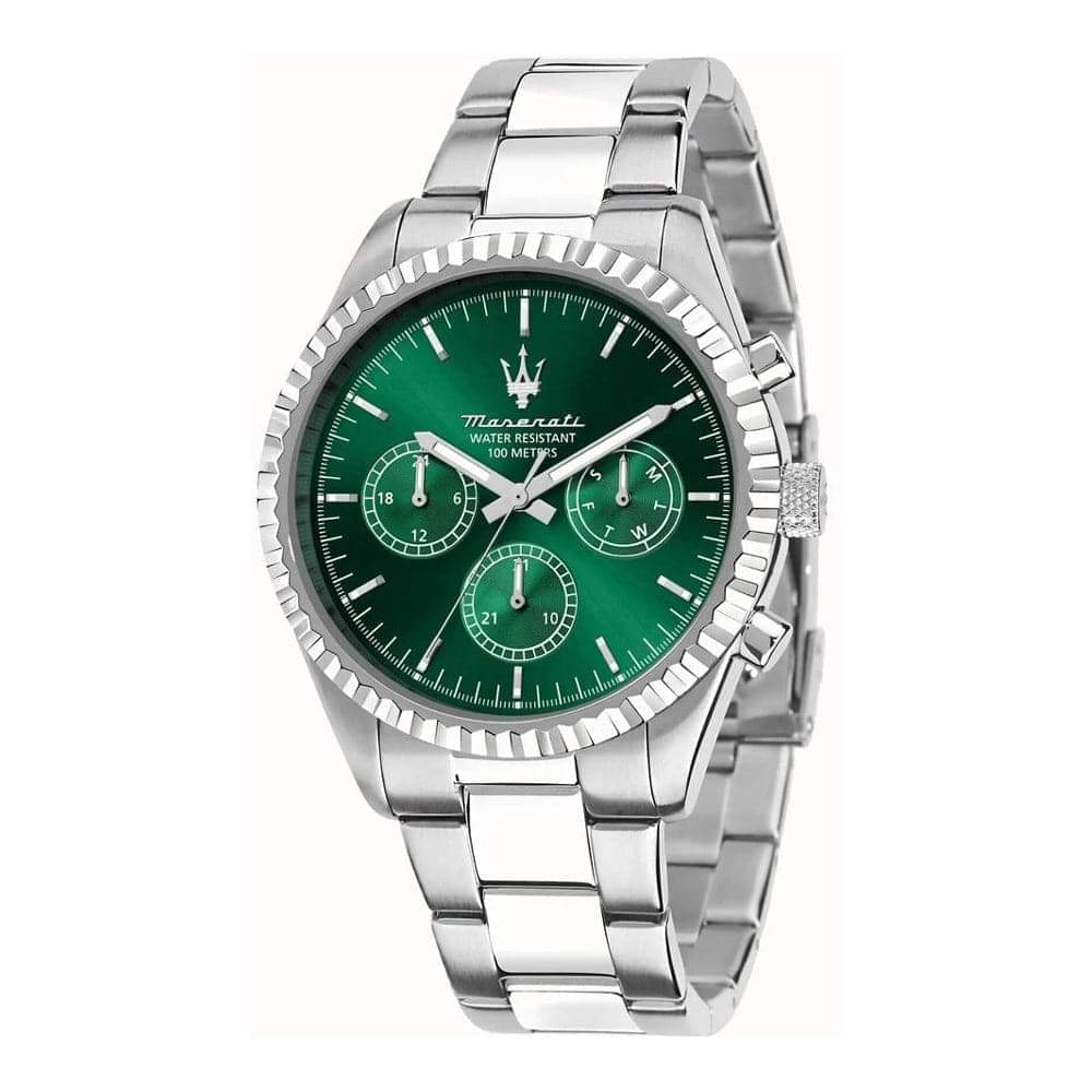 Maserati Competizione R8853100044 men's watch with black dial, silver stainless steel case, and chronograph features.