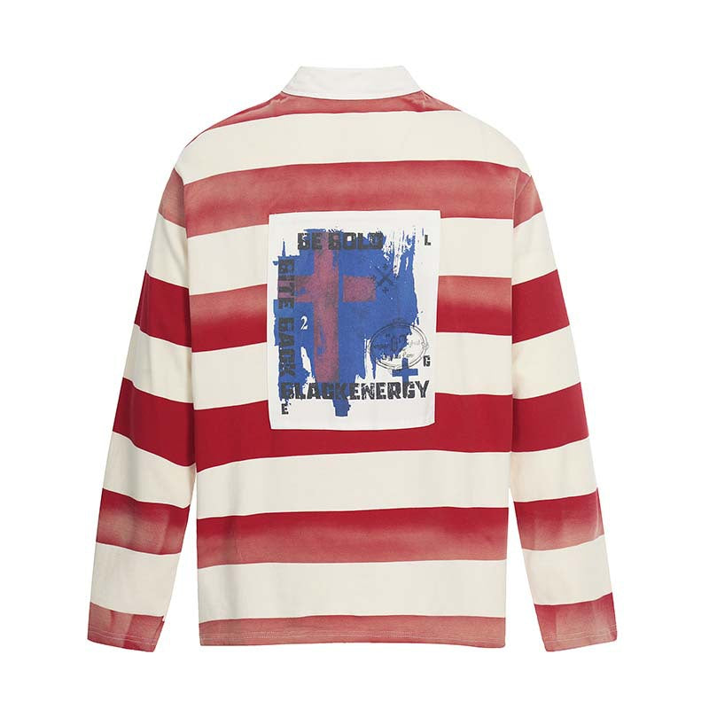 Badge graffiti cross print striped long sleeved polo shirt