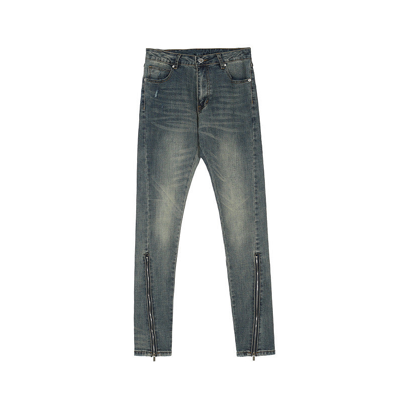 Distressed Slim-Fit Jeans with Zipper Detail
