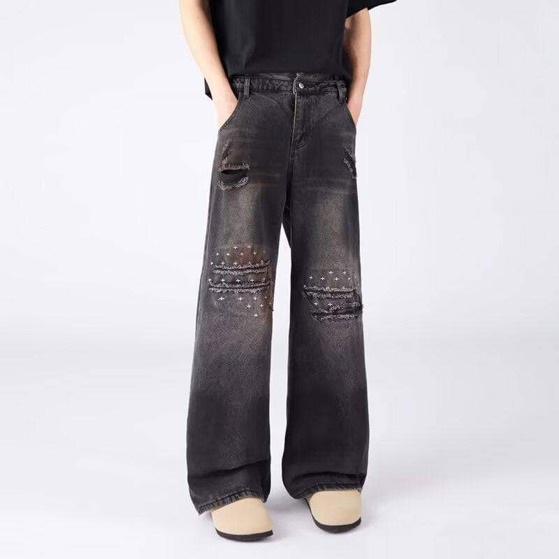 Eprolo LUXENK© Raw Edge Jeans with distressed hem and classic five-pocket design, shown in dark denim.