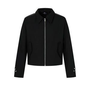 Black LUXENK Motor City jacket by eprolo with front zipper, stand collar, and quilted design, displayed on a hanger.