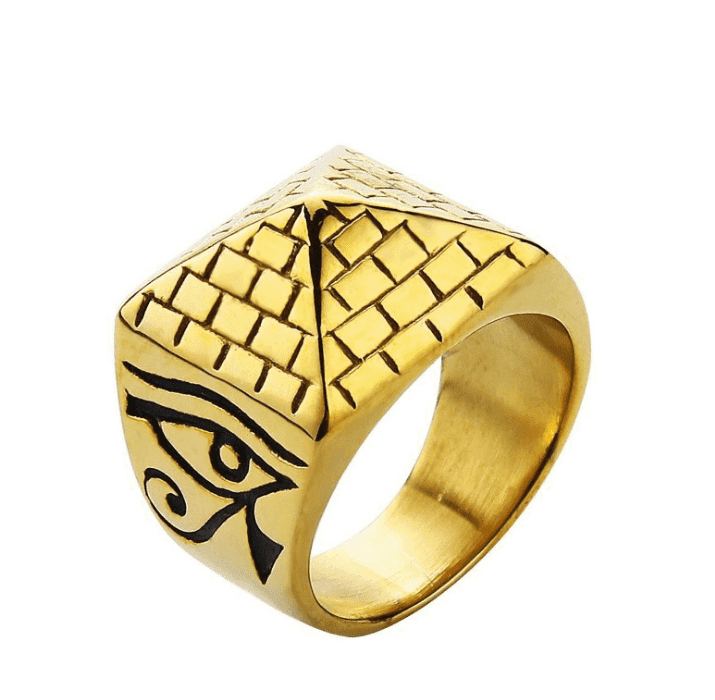 Eprolo LUXENK Horus Eye ring featuring a detailed gold and black Horus Eye design on a silver band.