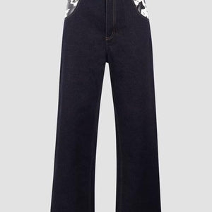 Dark blue denim jeans with cow pocket design from LUXENK© "Cow Pocket" JEANS by Hideout, showing front view with pockets and stitching details.