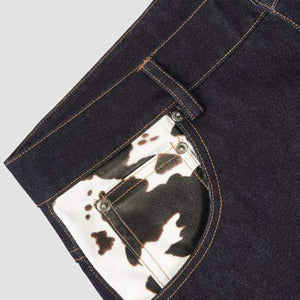Dark denim LUXENK© Cow Pocket jeans by Hideout featuring cow print pocket detail and classic five-pocket design.