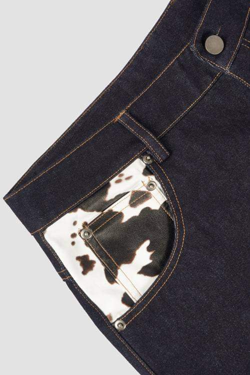 Dark denim LUXENK© Cow Pocket jeans by Hideout featuring cow print pocket detail and classic five-pocket design.
