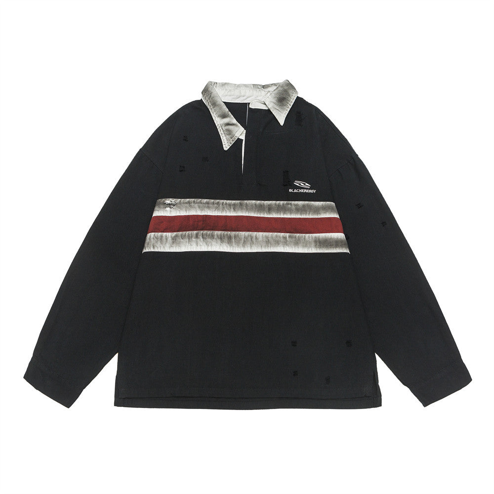 Color blocked patchwork long sleeved polo shirt