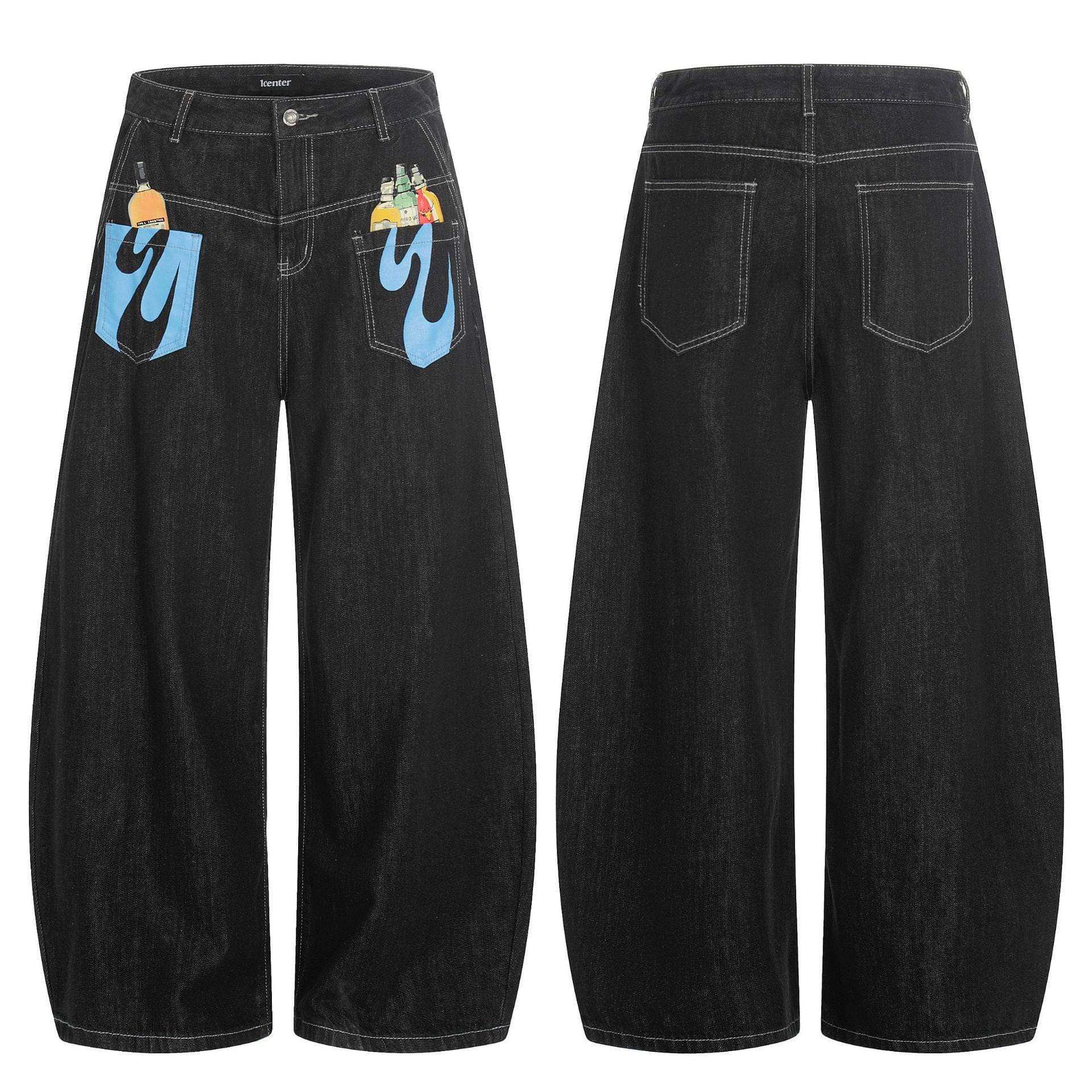 Eprolo Luxenk Graffiti Wide jeans featuring a relaxed fit and colorful graffiti designs on denim fabric.