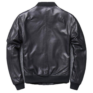 Khal men's genuine leather MA-1 jacket by Inland Leather Co., showcasing the classic bomber style with ribbed cuffs and collar.