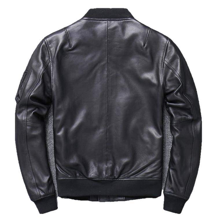 Khal men's genuine leather MA-1 jacket by Inland Leather Co., showcasing the classic bomber style with ribbed cuffs and collar.