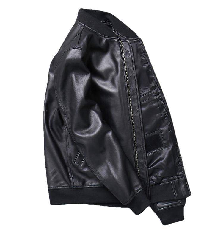 Khal men's genuine leather MA-1 jacket by Inland Leather Co., featuring a classic bomber style with ribbed cuffs and collar.