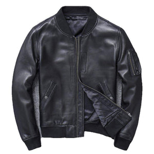 Khal men's genuine leather MA-1 jacket from Inland Leather Co., featuring a classic bomber style with ribbed cuffs and collar.