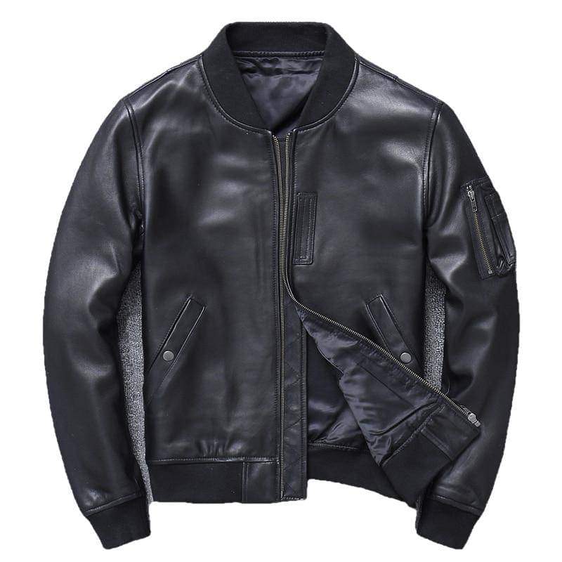 Khal men's genuine leather MA-1 jacket from Inland Leather Co., featuring a classic bomber style with ribbed cuffs and collar.
