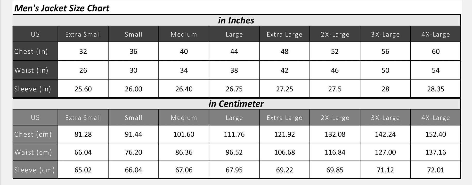 Men's black genuine leather motorcycle jacket from Inland Leather Co., shown with size chart for proper fit.