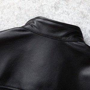 Black men's motorcycle leather jacket by Inland Leather Co., featuring a classic design and genuine leather construction.