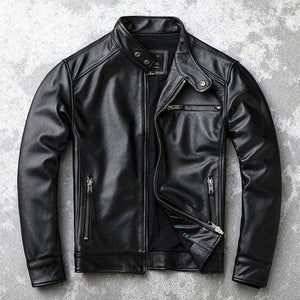 Black men's motorcycle leather jacket by Inland Leather Co., featuring a classic design with adjustable straps and smooth genuine leather.