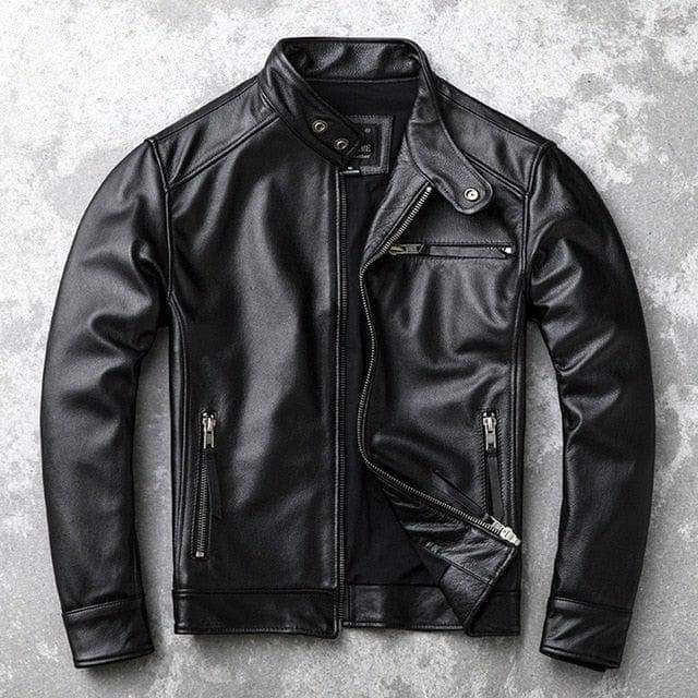 Black men's motorcycle leather jacket by Inland Leather Co., featuring a classic design with adjustable straps and smooth genuine leather.