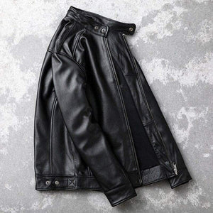 Black Theon men's genuine leather motorcycle jacket by Inland Leather Co., featuring a classic fit and durable leather construction.