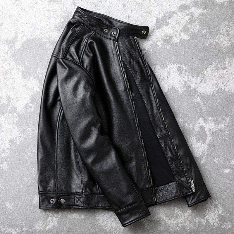 Black Theon men's genuine leather motorcycle jacket by Inland Leather Co., featuring a classic fit and durable leather construction.