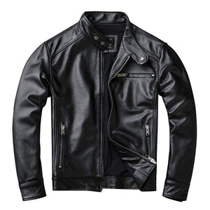 Black men's leather motorcycle jacket by Inland Leather Co., featuring a stylish design and sturdy genuine leather construction.