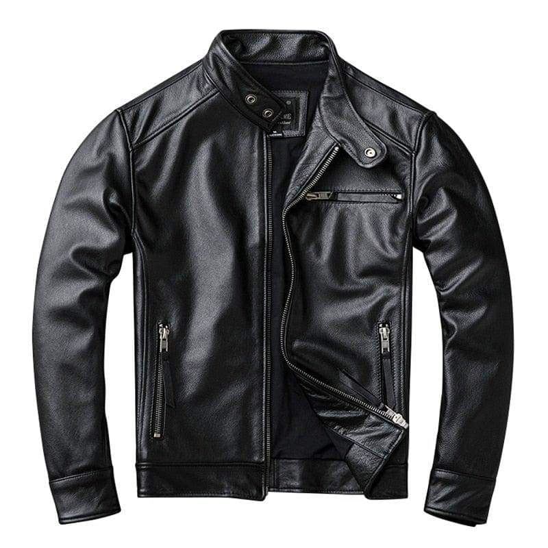 Black men's leather motorcycle jacket by Inland Leather Co., featuring a stylish design and sturdy genuine leather construction.