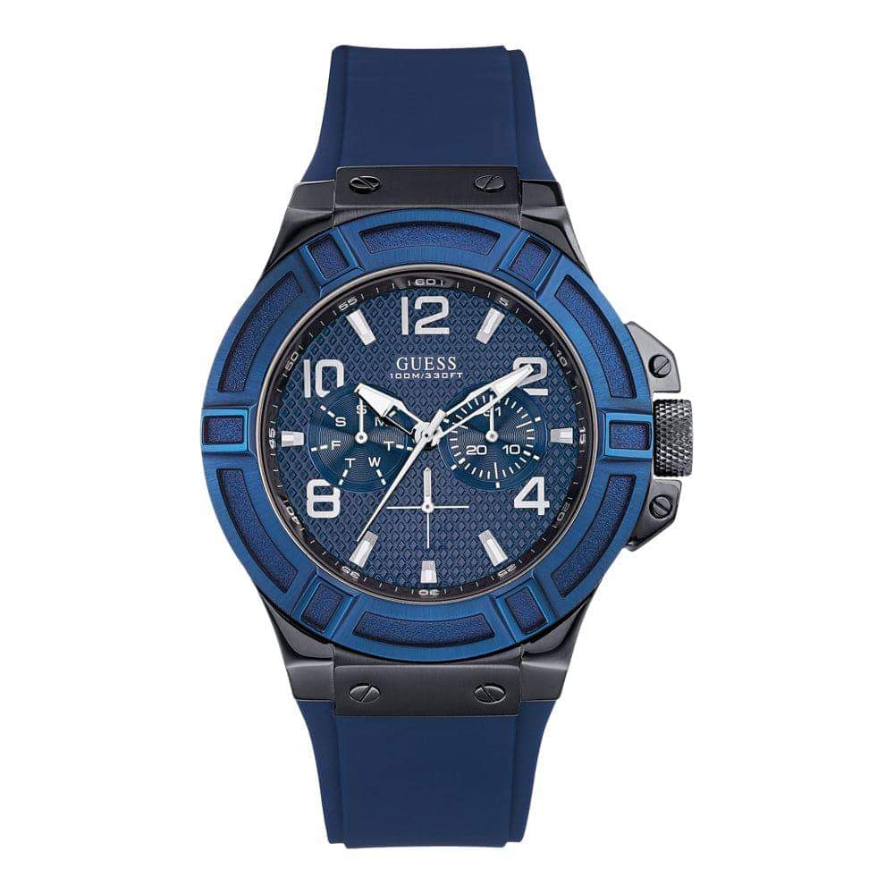 Guess Rigor W0248G5 men's watch with a sleek stainless steel band and black dial, showcasing modern design and precise timekeeping.