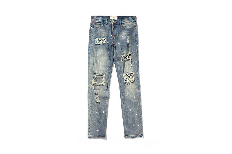 Distressed Slim Fit Patchwork Motorcycle Jeans