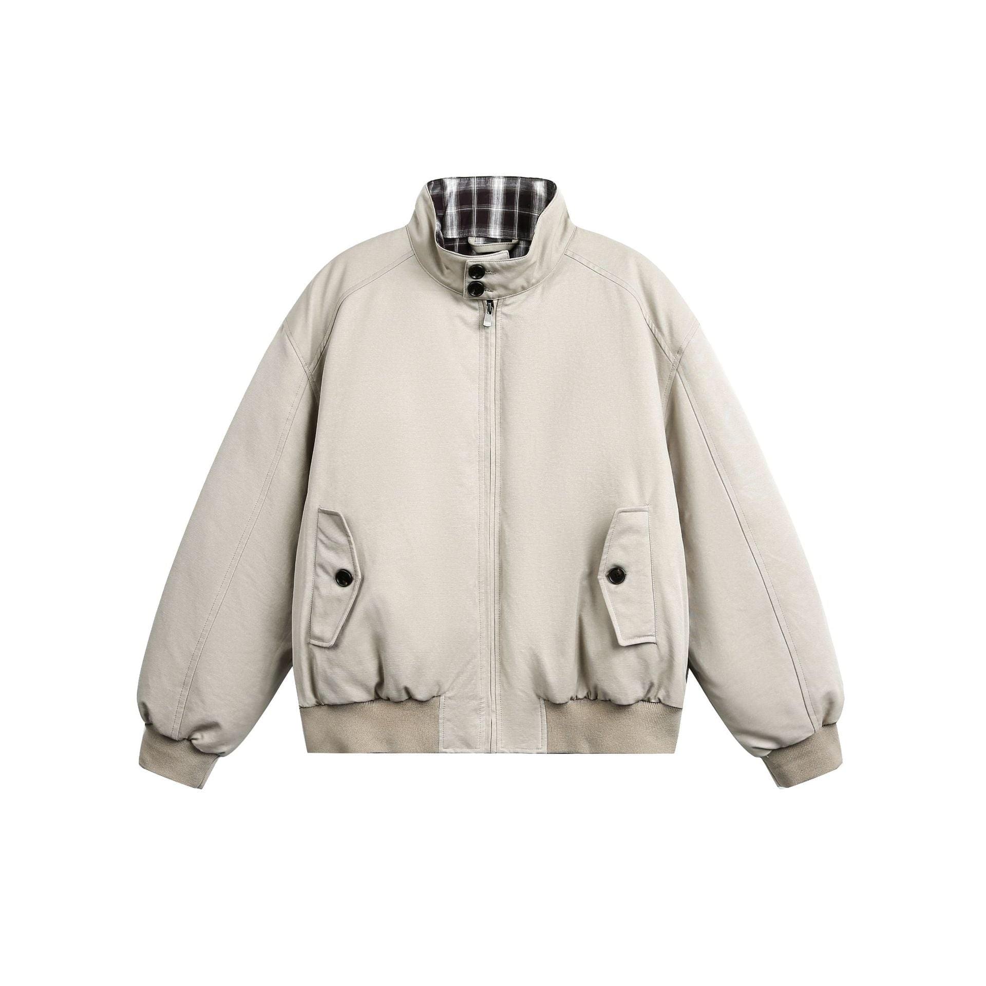 Khaki LUXENK© Arc Down Jacket by eprolo with a hood and quilted design, shown on a model with zipper closure and pockets.