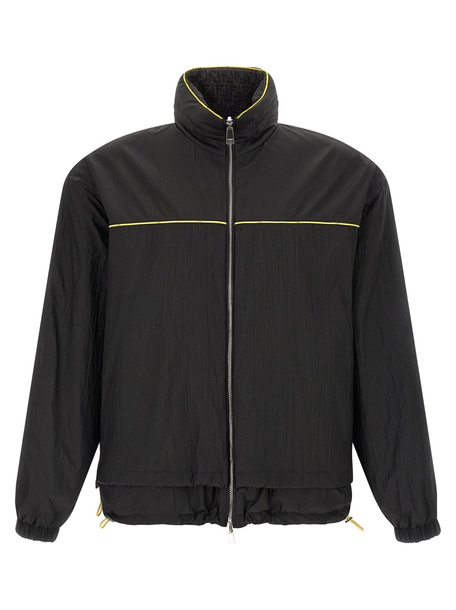 Fendi reversible windbreaker jacket in black and beige with logo accents, lightweight and stylish for versatile wear.