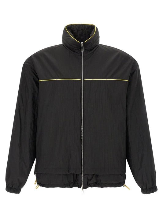 Fendi reversible windbreaker jacket in black and beige with logo accents, lightweight and stylish for versatile wear.