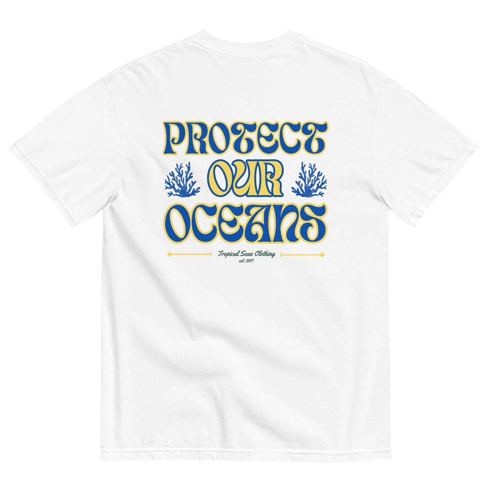 Black LUXENK "Save Our Oceans" T-shirt displayed on a hanger, showcasing the eco-friendly design and bold message.