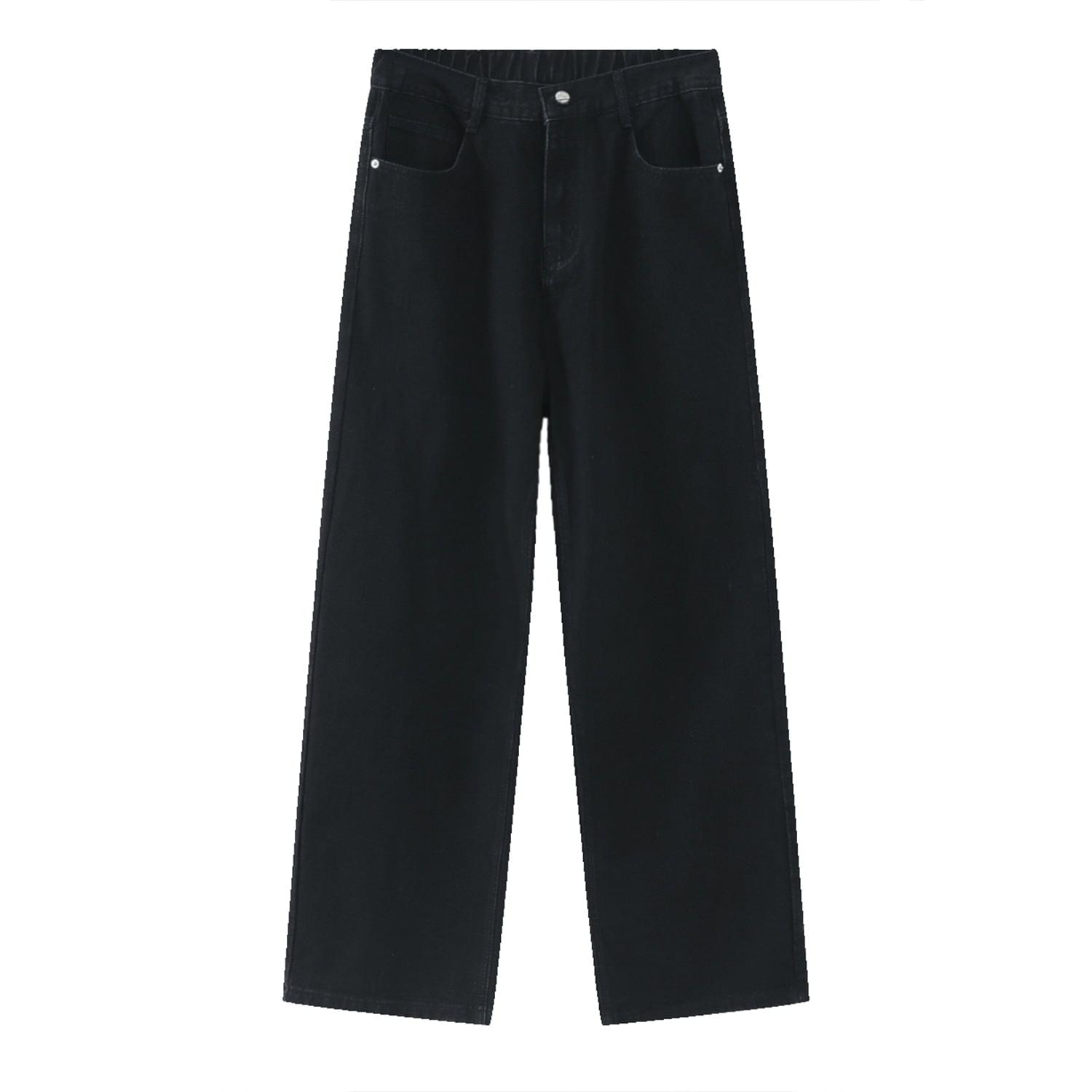 Black and gray LUXENK elastic waist straight jeans with a comfortable fit and classic design.