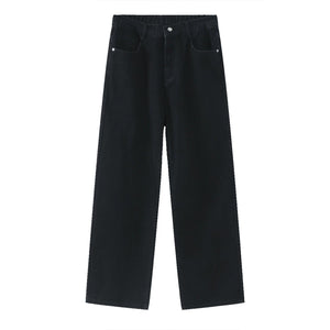 Black and gray LUXENK elastic waist straight jeans with a classic fit, shown on a model.