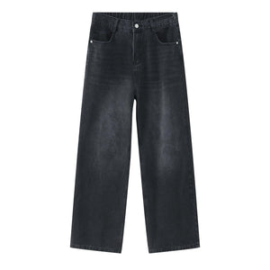 Black and gray LUXENK Elastic Waist Straight Jeans laid flat, showing fit and fabric texture.