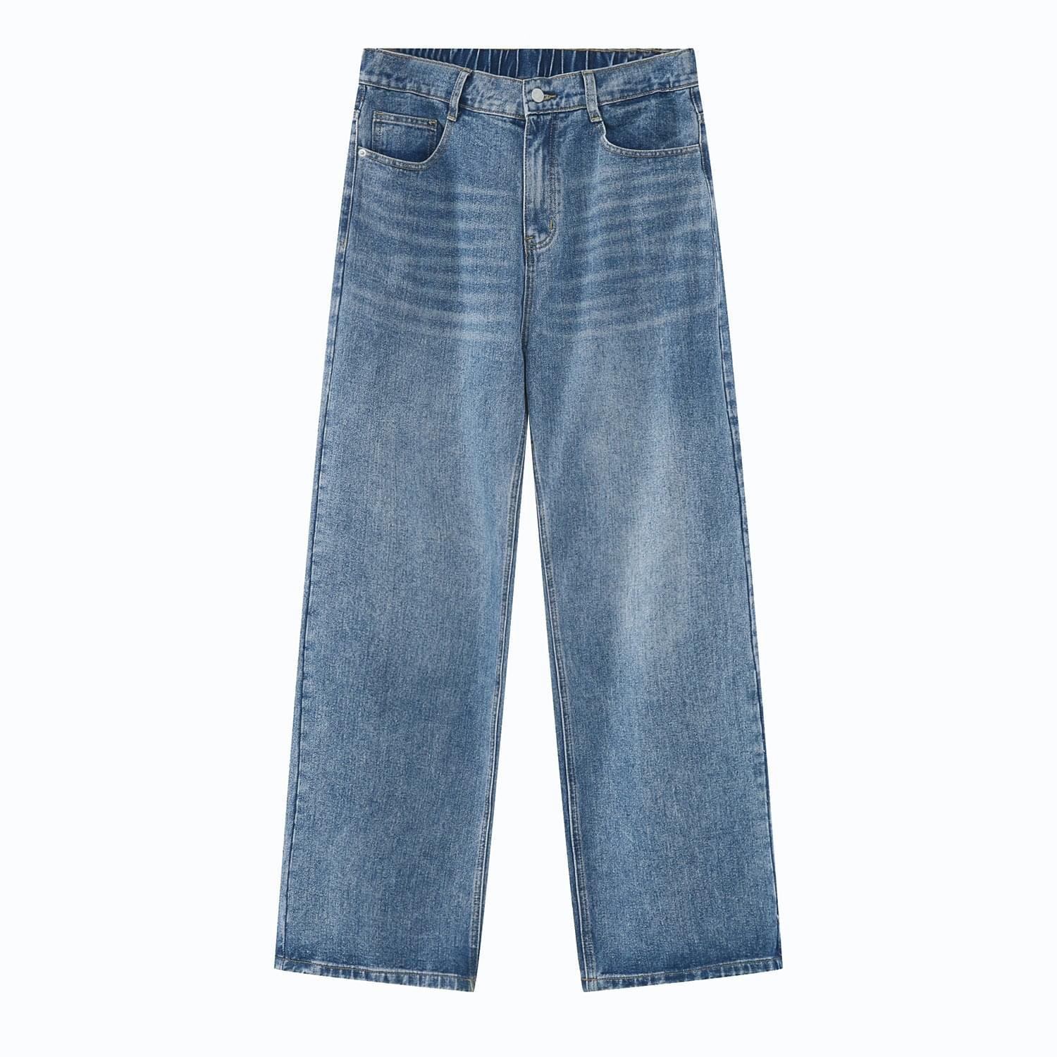 Black and gray LUXENK elastic waist straight jeans with a classic fit, shown on a model against a plain background.