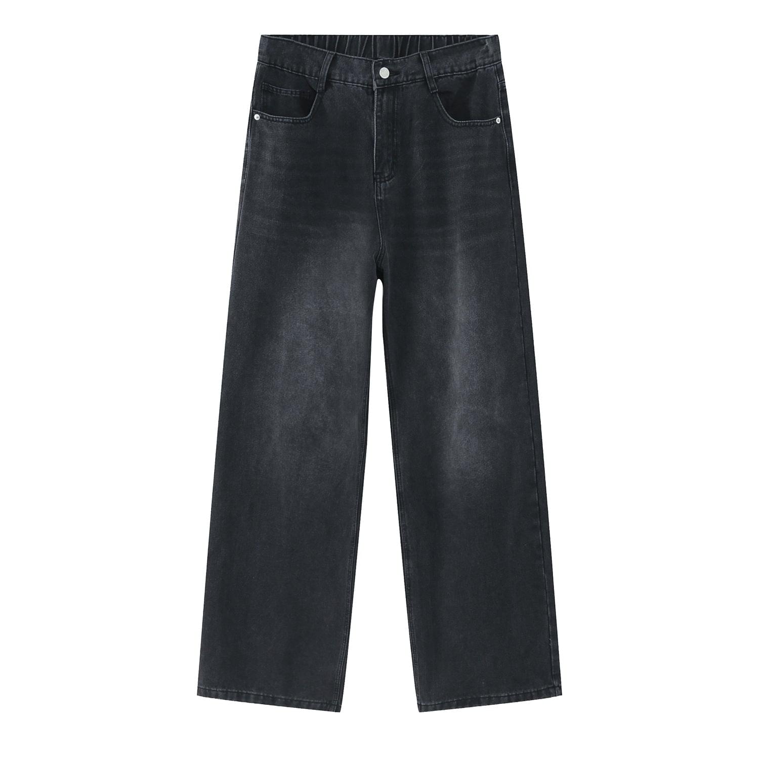 Black and gray LUXENK elastic waist straight jeans laid flat, showcasing the comfortable fit and classic denim design.